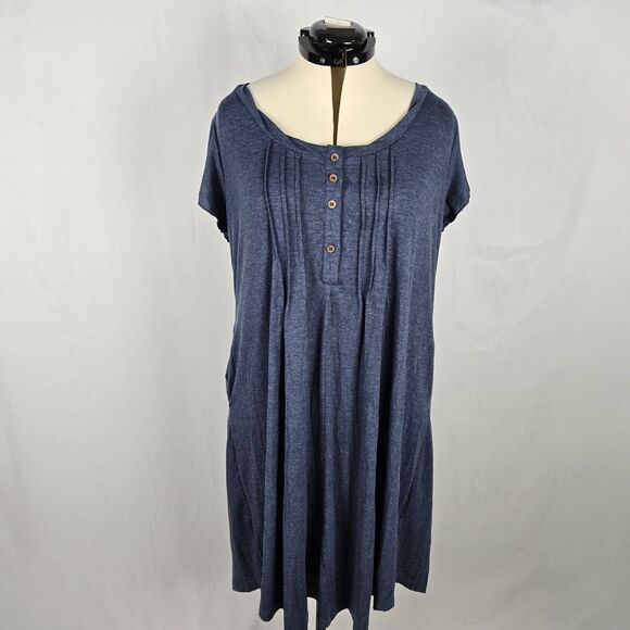 Bloomchic Dress Women's 1X Blue Round Neck Short Sleeve Pleated Ruffles Midi NWT - Picture 1 of 13
